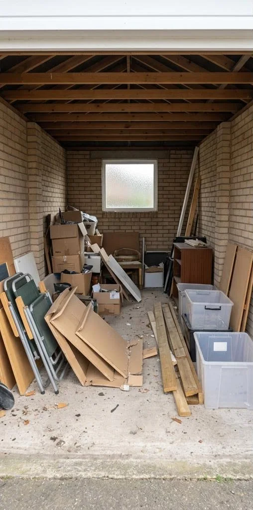 Illustrative garage clearance before: boxes, old shelving and household clutter